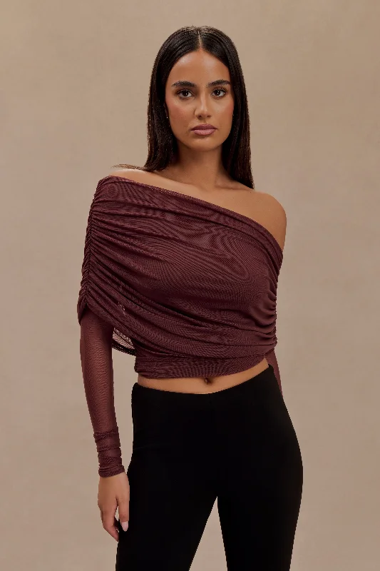 Everly Sheer Mesh Off Shoulder Top - Mahogany Sleek Women's 