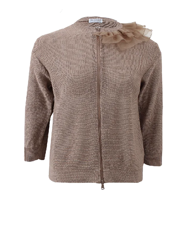 Ruffle Shoulder Zip Cardigan Traditional Women's 