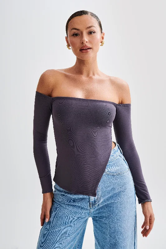 Carmen Recycled Nylon Off Shoulder Top - Charcoal Vacation