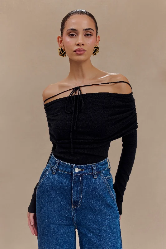 Polly Off Shoulder Long Sleeve Knit Top - Black Stylish Women's Tropical 