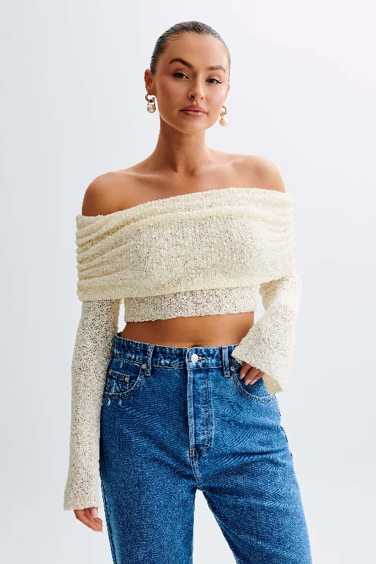 Marisol Off Shoulder Boucle Top - Ivory Sporty Women's Athleisure 