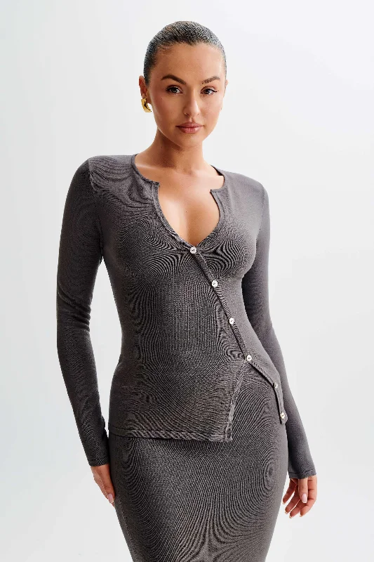 Maisie Asymmetrical Knit Top - Dark Charcoal Dapper Women's Bow - adorned