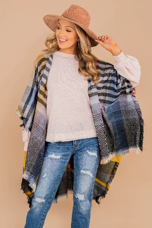 Off To Silver City Red And Yellow Plaid Open Poncho