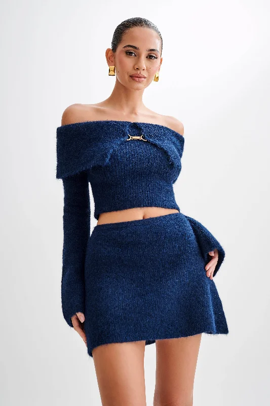Baxter Off Shoulder Fluffy Knit Top - Navy Youthful Women's Anime - inspired