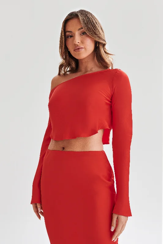 Violeta One Shoulder Satin Top - Red Laid - back Women's Style