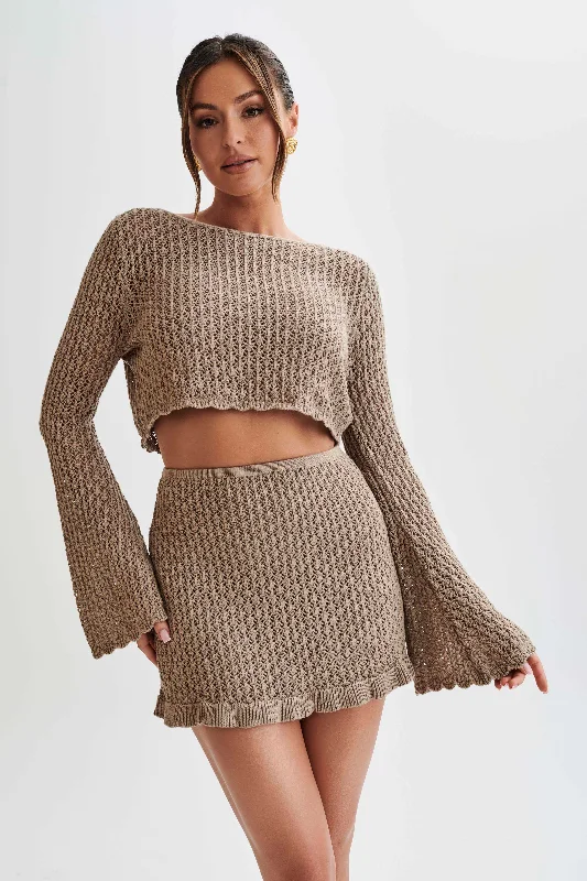 Sian Knit Long Sleeve Crop Top - Taupe Preppy Women's College