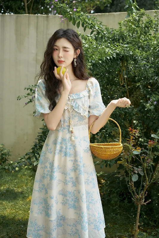 Women' Blue Floral Midi Dress Minimalist Women's Casual