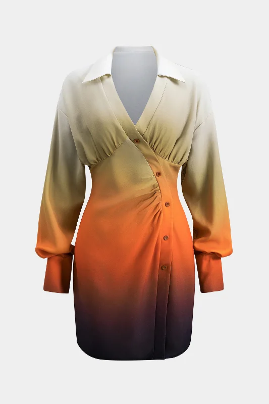 Ombre Print Ruched Asymmetrical Button Zipper Long Sleeve Mini Dress Compression