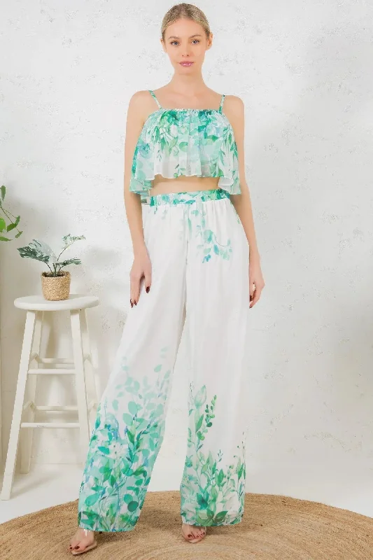 Printed Crop Top & Wide Leg Long Pants Set Practical Women's Multi - 