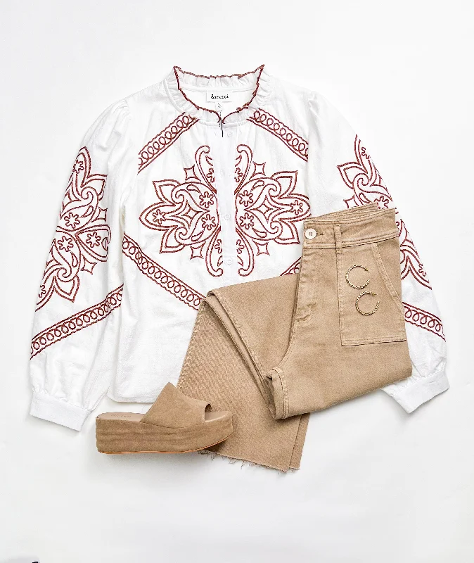 BETTER DAYS IVORY EMBROIDERED BUTTON UP TOP French