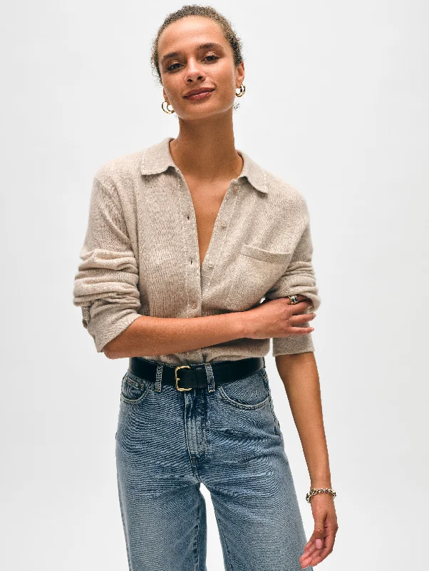 Cashmere Embroidered Trim Button Down Shirt Elegant Women's 