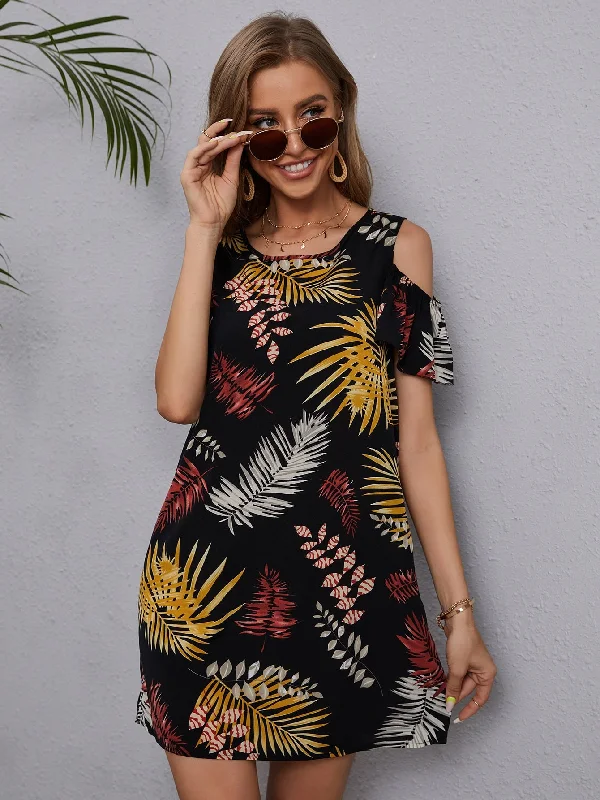 Plants Short Sleeve Cold Shoulder Straight Natural Short Dress