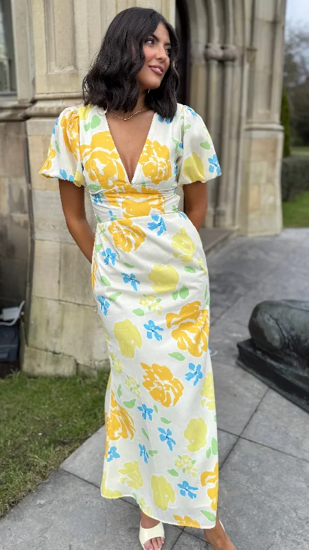 Lucinda Yellow Floral Short Sleeve Maxi Dress