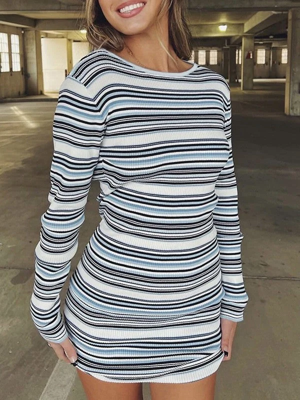 BerryBetty - Backless Long Sleeve Striped Knit Mini Dress Sophisticated Women's Tailored BerryBetty - Backless Long Sleeve Striped Knit Mini Dress Sophisticated Women's Tailored
