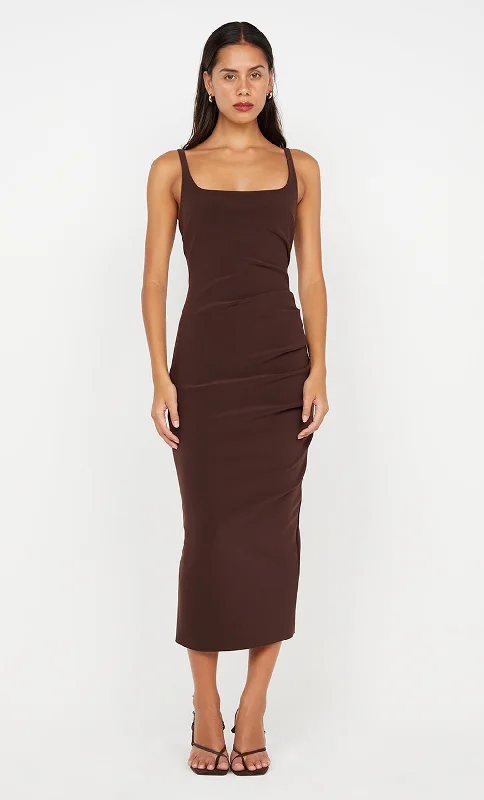 KARINA TUCK MIDI DRESS - DARK CHOCOLATE Refined Women's Classic 