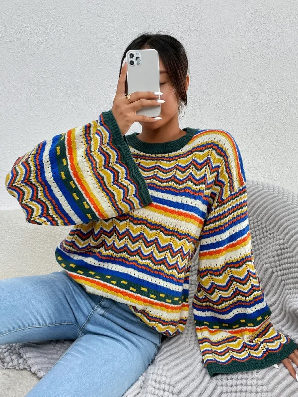 Casual Colorblock Long Sleeve Round Neck Regular Women Sweater Casual Women's Loose - fitting