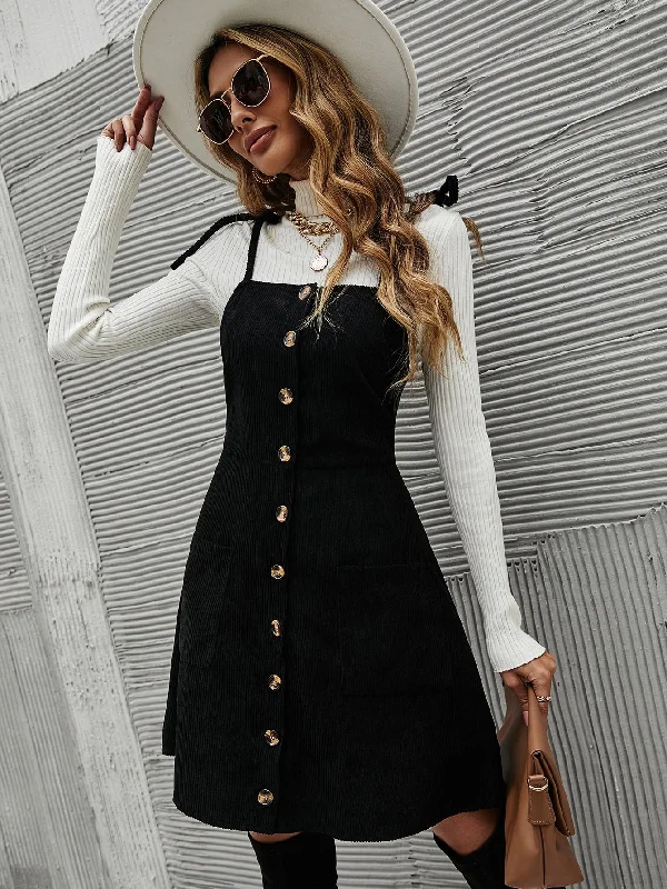 Plain Button Front Sleeveless Spaghetti Strap Flared High Waist Short Dress Cool Women's Distressed Plain Button Front Sleeveless Spaghetti Strap Flared High Waist Short Dress Cool Women's Distressed
