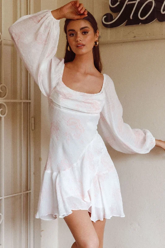 Beaujolais Long Sleeve Cowl Neckline Ruffle Mini Dress Floral Blush Earthy Women's Hemp - based Beaujolais Long Sleeve Cowl Neckline Ruffle Mini Dress Floral Blush Earthy Women's Hemp - based