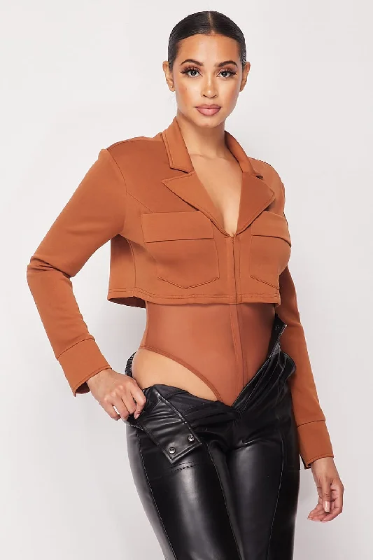 Deep-v Cropped Power Shoulder Blazer Bodysuit Vacation