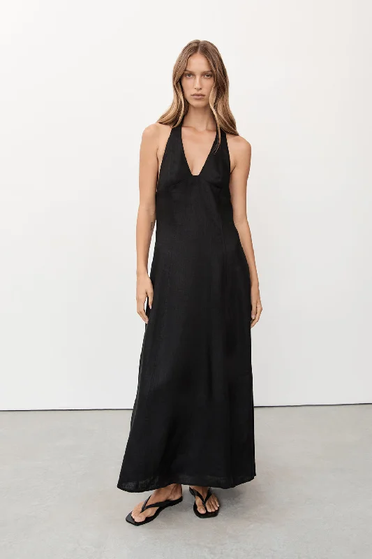 AUDREY BLACK HALTER LINEN MIDI DRESS