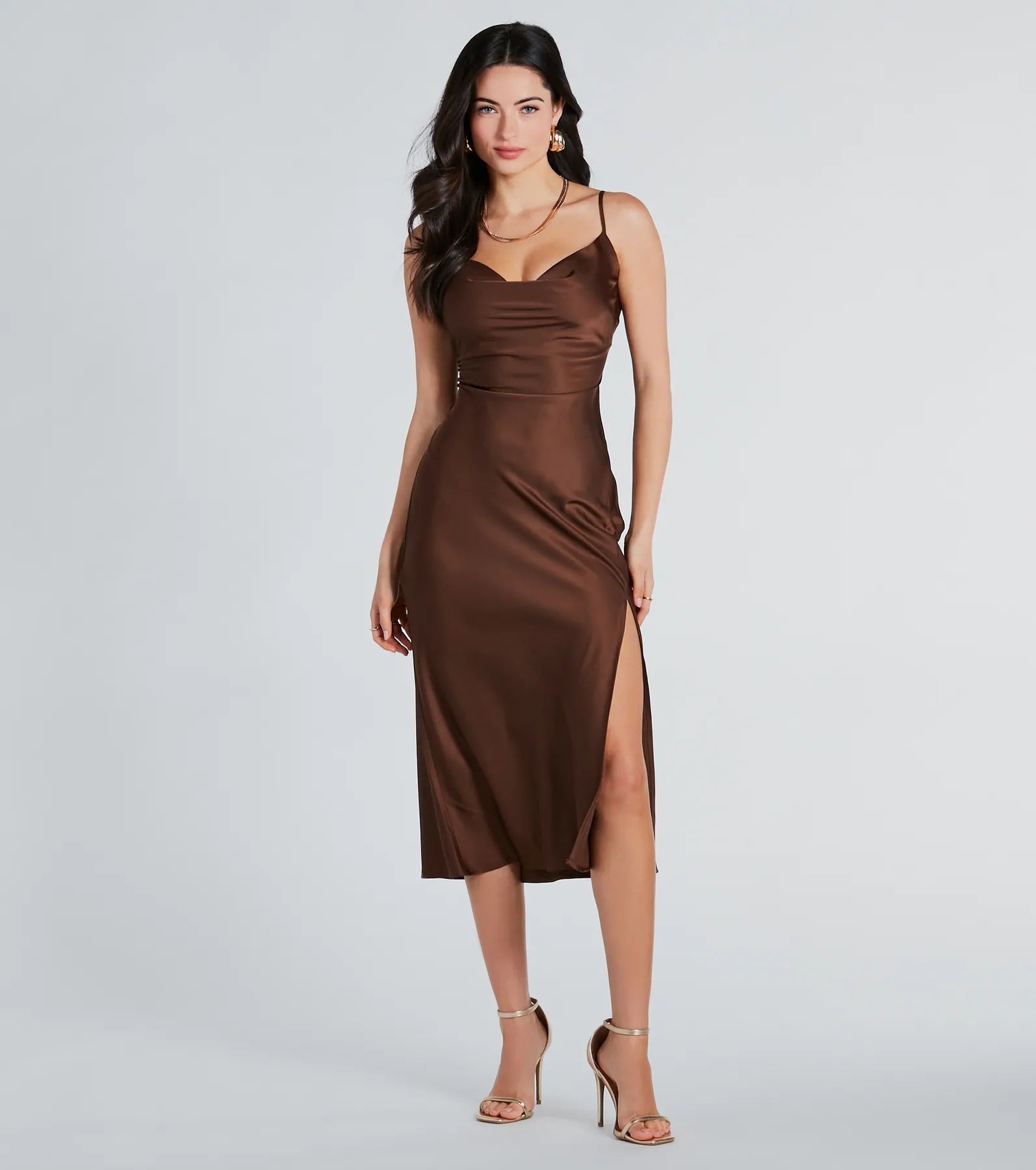 Classic Silky Satin High Slit Midi Dress