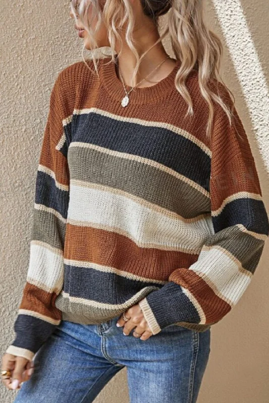 Contrast Striped Round Neck Long Sleeve Sweater | Sweaters Sophisticated Women's Tailored Contrast Striped Round Neck Long Sleeve Sweater | Sweaters Sophisticated Women's Tailored