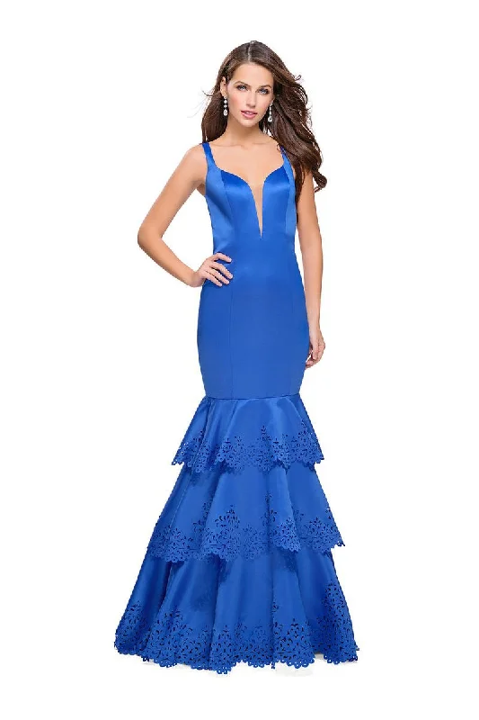 La Femme - 25749 Deep V-neck Satin Ruffled Mermaid Dress Traditional Women's Wool