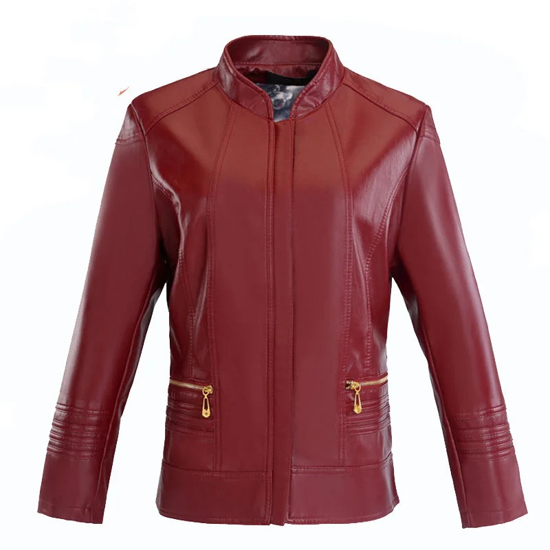 Middle-aged And Elderly Women's Leather Jacket Short Stand Collar Zipper Slim Fit Modern Women's 