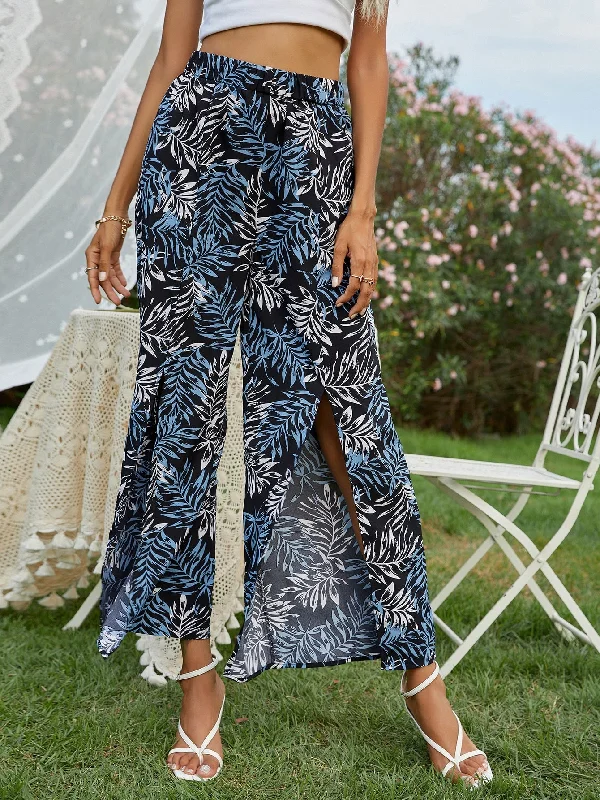 Boho All Over Print Split Thigh High Waist Cropped Women Pants Vacation