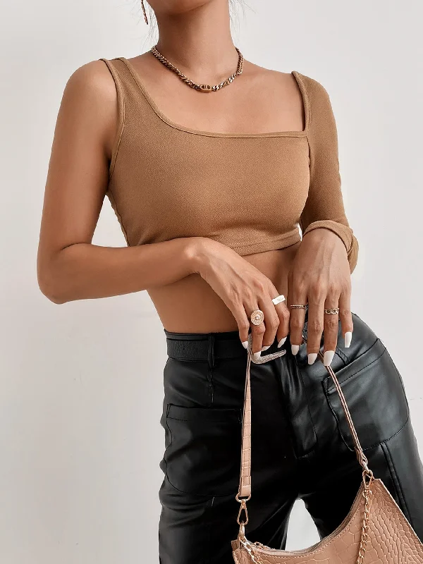 Casual Plain Long Sleeve Asymmetrical Neck Crop Women Top Hip Women's Retro
