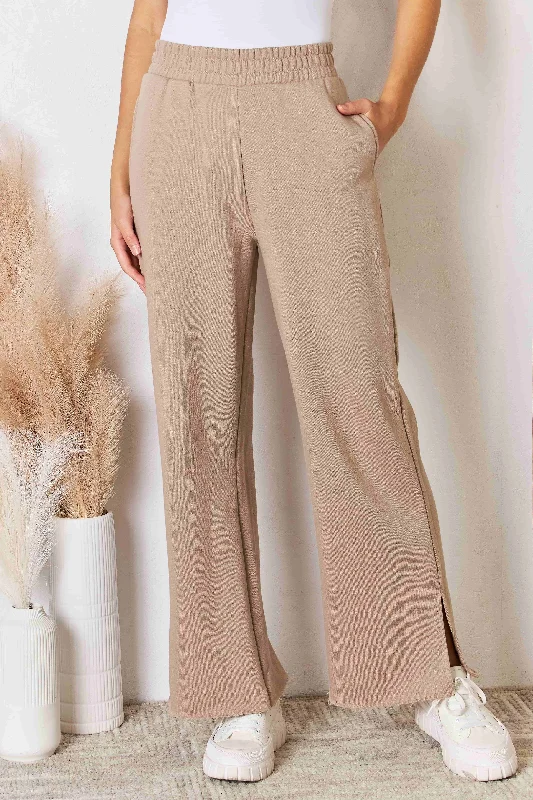 RISEN Wide Waistband Slit Wide Leg Pants Feminine Women's Soft 
