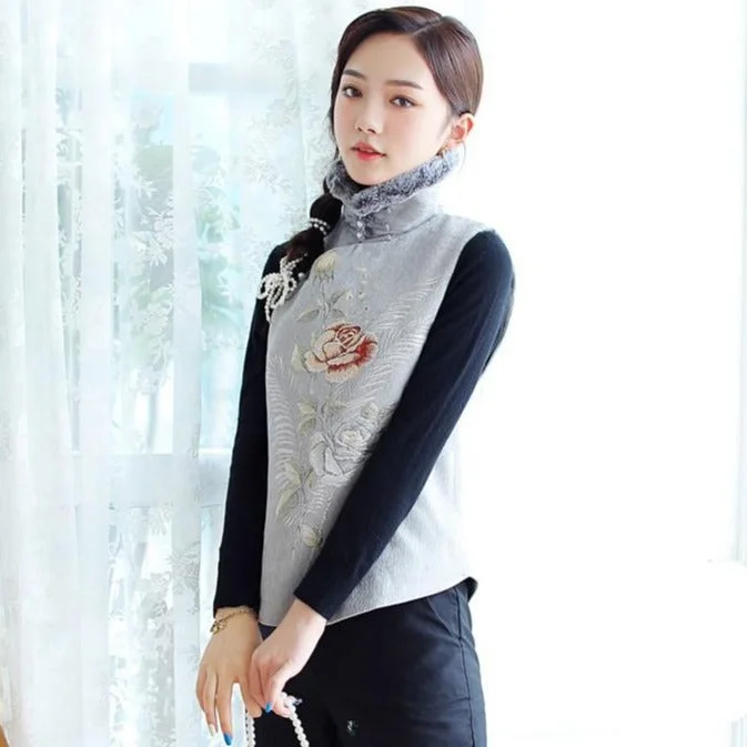 Fur Collar Floral Embroidery Thick Chinese Style Waistcoat Vest Sporty Women's Tennis Fur Collar Floral Embroidery Thick Chinese Style Waistcoat Vest Sporty Women's Tennis