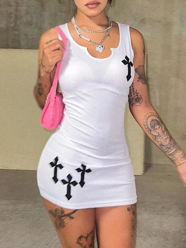 BerryBetty - Cross Patch Ribbed Sleeveless Mini Dress Sophisticated Women's 