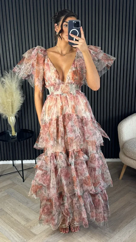 Oceana Brown Floral Print Tulle Maxi Dress Cashmere