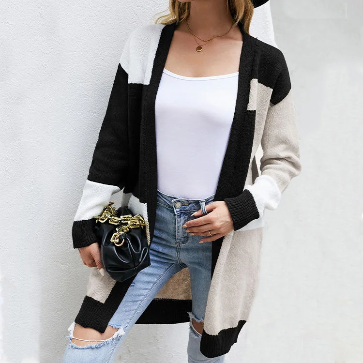 Casual Colorblocked Plaid Knit Cardigan Sweater Jacket Wholesale Womens Clothing Unique Women's Upcycled
