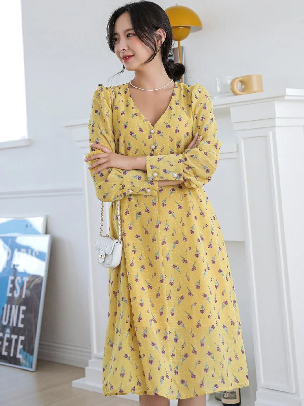 Ditsy Floral Long Sleeve V Neck Flared High Waist Midi Dress Contemporary 