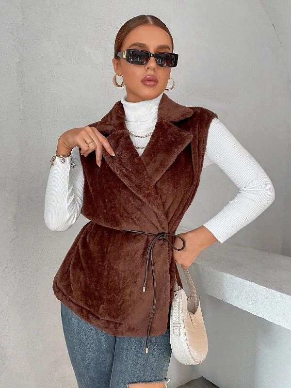 Casual Plain Belted Sleeveless Lapel Regular Women Coat Sleek Women's 