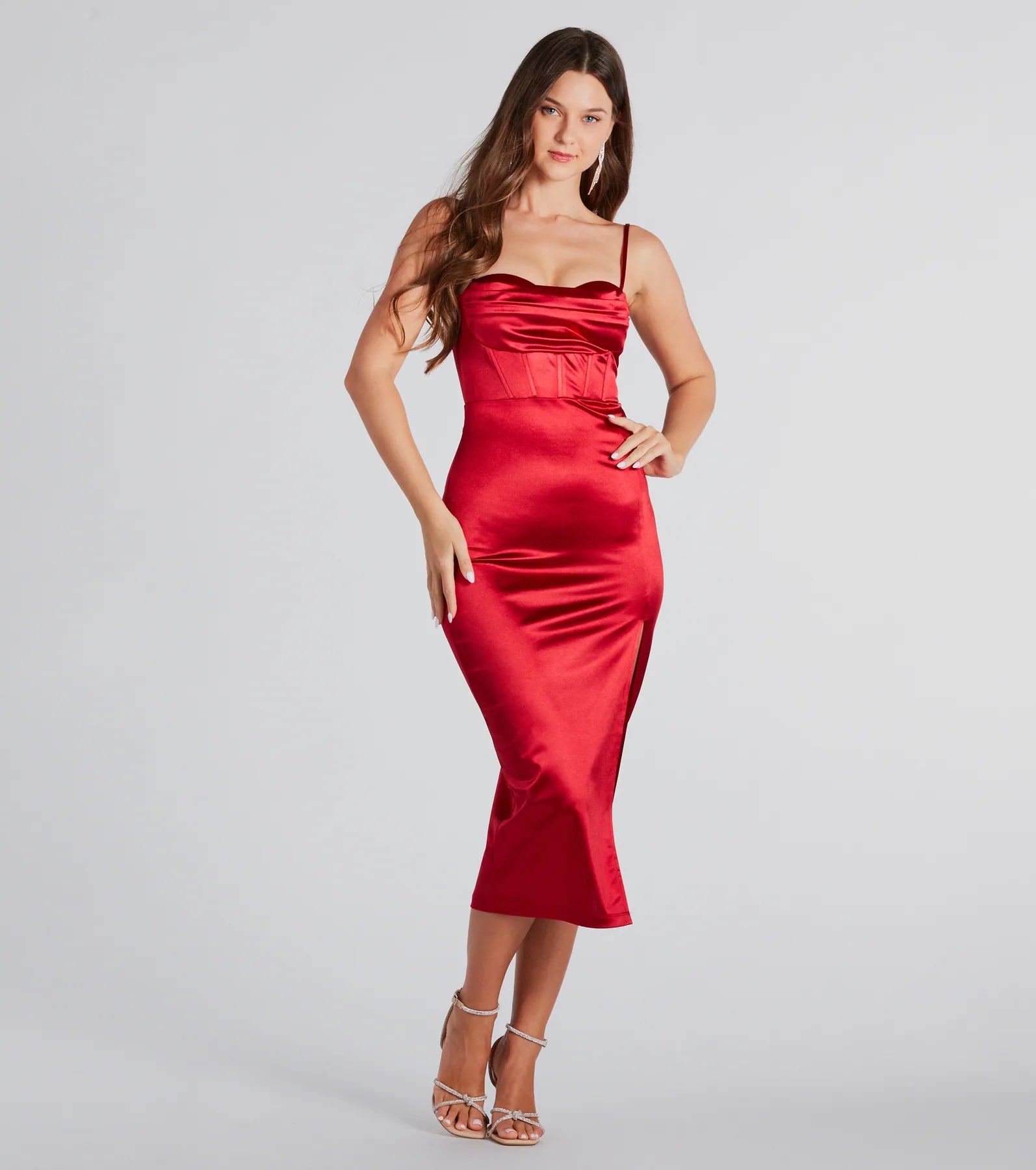 Alena Formal Satin Cowl Neck Midi Dress