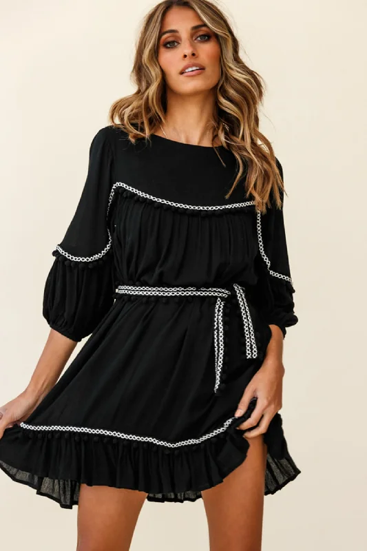 Marionette Three-Quarter Sleeve Pom-Pom Dress Black Classic Women's Pin - striped