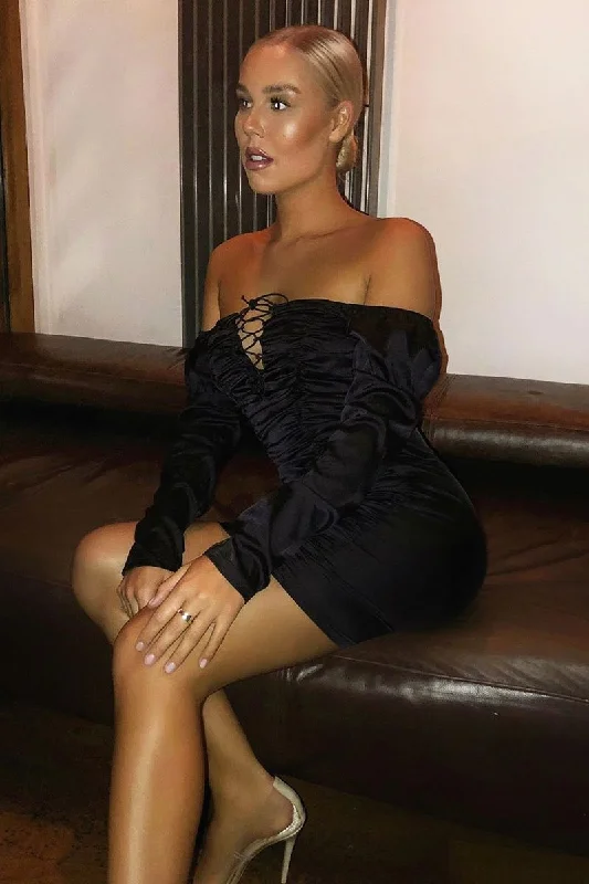 Black Satin Ruched Lace Front Dress - Dania Elegant Women's 