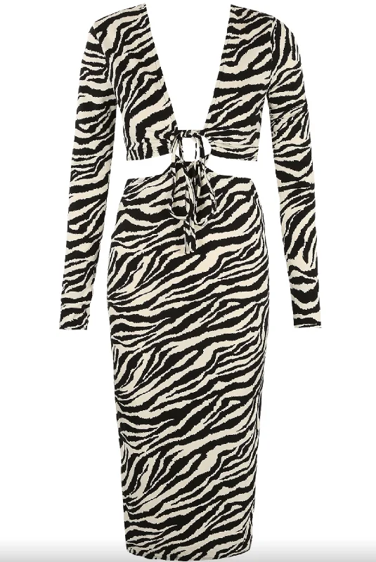 Alina - Zebra Print Long Sleeve Cut Out Midi Dress Bold Women's Statement
