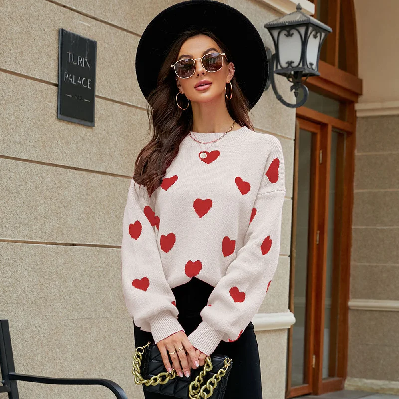 Casual Valentine'S Day Heart Print Long Sleeve Pullover Knit Sweater Wholesale Womens Tops Dynamic Women's High - energy