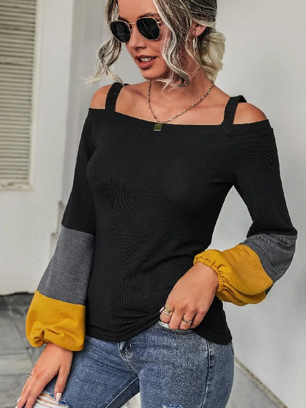 Casual Colorblock Cut Out Long Sleeve Cold Shoulder Regular Women T-Shirt Dynamic Women's High - energy Casual Colorblock Cut Out Long Sleeve Cold Shoulder Regular Women T-Shirt Dynamic Women's High - energy