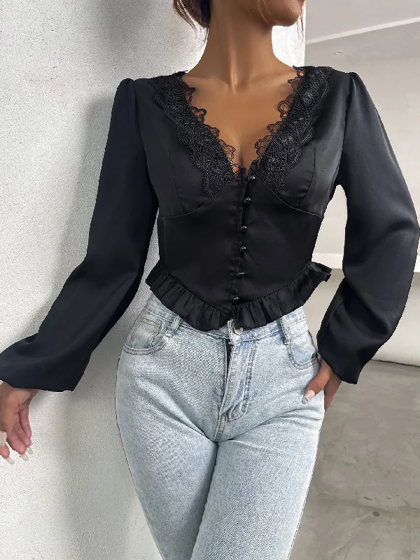 Elegant Plain Ruffle Hem Long Sleeve Deep V Neck Crop Blouse Street
