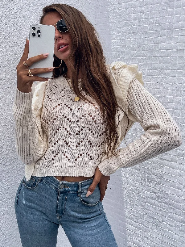 Casual Plain Ruffle Long Sleeve Round Neck Crop Women Sweater