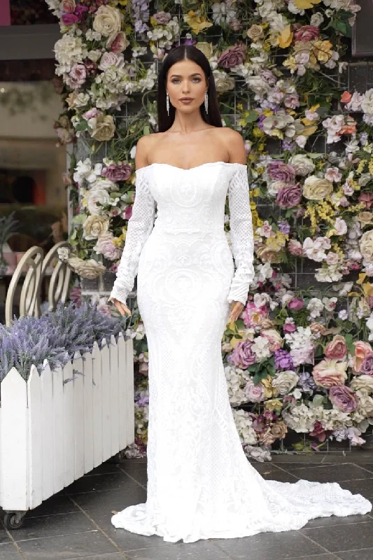 Gianna Off-Shoulder Long Sleeve Gown - White/White British Gentlewoman Style