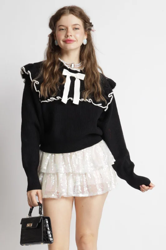 Bow Tie Ruffle Details Knit Sweater Top Feminine Women's Soft 