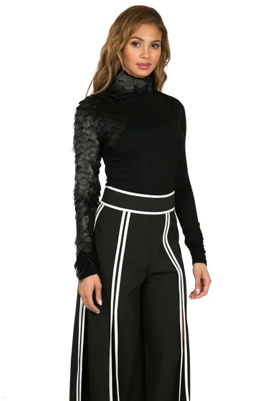 Turtleneck W/ Faux Leather and Mesh Cool Women's Distressed