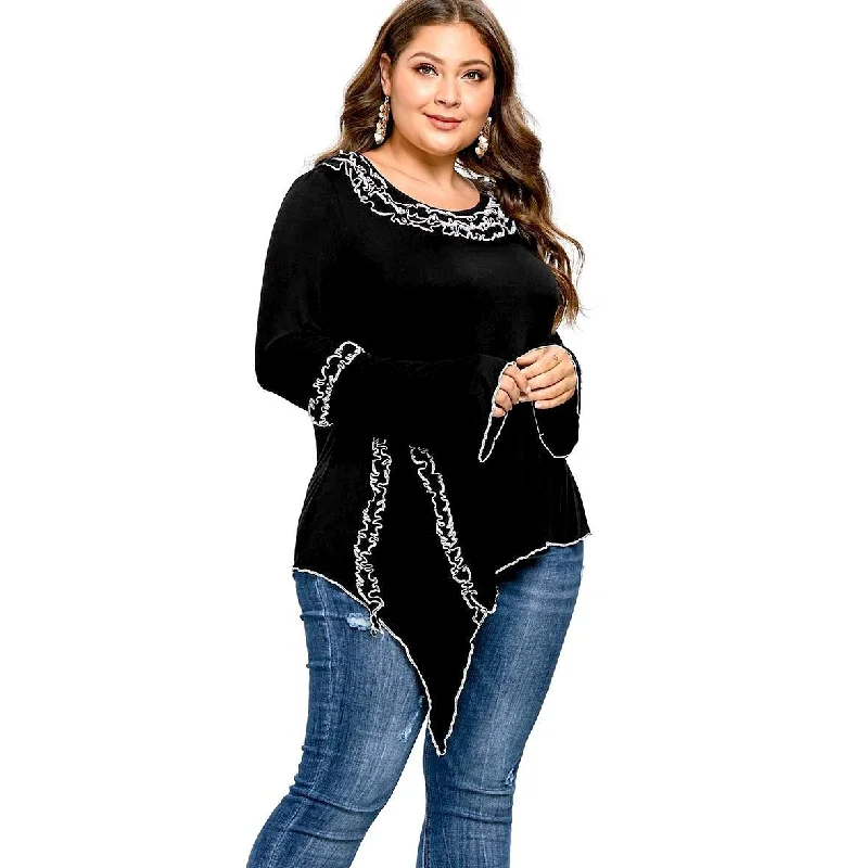 ANALUKE Ruffled Regular Long Sleeve T-Shirt Sporty Women's Athleisure 