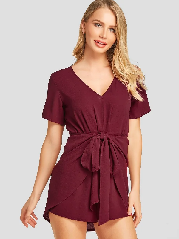 Wholesale Wine Red Short Sleeve Plain Zip Back Self-Tie Irregular Hem Mini Dresses Minimalist Women's Casual Wholesale Wine Red Short Sleeve Plain Zip Back Self-Tie Irregular Hem Mini Dresses Minimalist Women's Casual